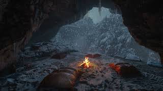 Relax in a cozy winter cave with a roaring fire  Winter atmosphere with blizzard and howling wind [upl. by Calvano]