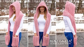 CROCHET SCARF with HOOD and POCKETS  Hooded Pocket Scarf by Naztazia [upl. by Barra]