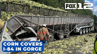 Truck driver hurt in 2semi crash on I84 in Gorge Road covered with corn [upl. by Nygem418]