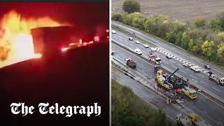 Tesco lorry fire on M25 causes commuter chaos [upl. by Delogu694]