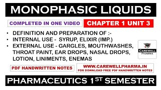 Monophasic Liquids complete  Syrup  Elixir  Liniments  Ch 1 U 3  Pharmaceutics  B Pharmacy [upl. by Acenahs]