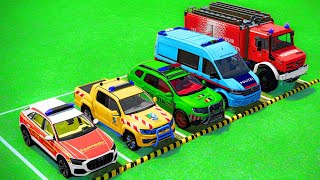 TRANSPORTING DACIA AUDI VOLSKWAGEN Q7 COLOR POLICE CARS amp AMBULANCE EMERGENCY WITH TRUCKS‼️ FS22 [upl. by Maller]