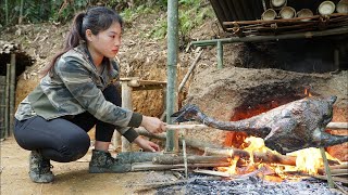 200 days of survival in the wild processing wild boar meat hunting wild chicken at night [upl. by Hsihsa]