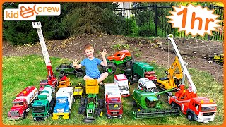 Toy truck compilation Construction emergency and Farm toys for kids with Bruder amp Lego  Kid Crew [upl. by Eduard343]