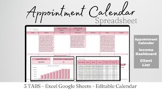 Appointment Calendar Excel Template Spreadsheet Appointment Booking Google Sheets Calendar Business [upl. by Eednarb]