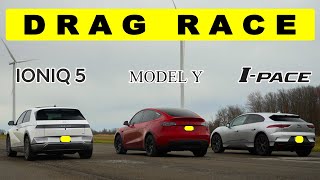 2022 Ioniq5 vs Tesla Model Y vs Jaguar IPace better battery wins Drag and roll race [upl. by Assetniuq]