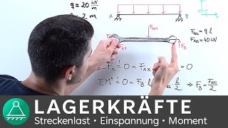 Lagerkräfte berechnen 3 Streckenlast  Technische Mechanik 1  INGTUTOR [upl. by Anailuig]