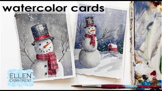 How to Paint Watercolor Snowmen Greeting Cards Watercolor Christmas Cards [upl. by Drofhsa]