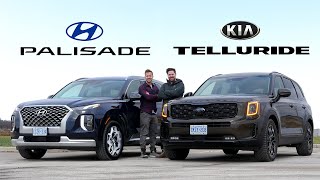 2021 Kia Telluride vs Hyundai Palisade  Battle Of The Affordable Luxury SUVs [upl. by Ellenrad505]