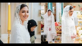 Prince Abdul Mateens bride Anisha Rosnah looks elegant in a white lace gown for Berbedak Mandi [upl. by Arhna38]