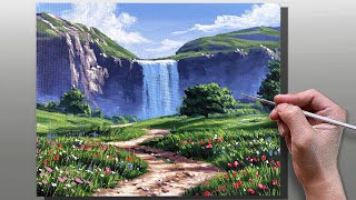 How to Paint Waterfall Meadow Landscape  Stepbystep Acrylic Painting [upl. by Nahshun]