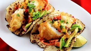 Crispy Fish Tacos w Peacho de Gallo amp ChipotleLime Slaw  CarnalDish [upl. by Shaine]