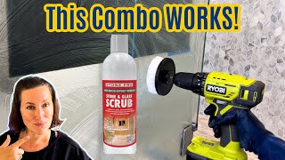 How To Remove Hard Water Stains On Glass Using Stone amp Glass Scrub With A Drill Brush [upl. by Atnauqahs]