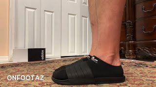 Adidas Adilette Cloudfoam Slides Triple Black On Foot [upl. by Ellicul]