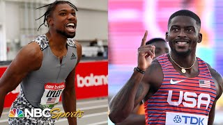 Noah Lyles vs Trayvon Bromell EPIC 60m duel decided by an eyelash in Boston  NBC Sports [upl. by Inttirb570]