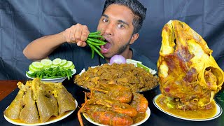 spicy mutton boti curry full goat lungs goat head curry and prawns curry with rice eating show [upl. by Atteyek167]