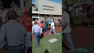 Santa Anita Race Track Assistant Trainer Jimmy Barnes gives Jockey Juan Hernandez a leg up [upl. by Arukas]