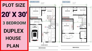 20 X 30  3 Bedroom Duplex House Plan  600 Square Feet House Design  Ghar Ka Naksha  Home Plan [upl. by Ayrotal]