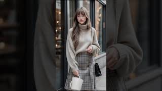 Cream Turtleneck Sweater amp Plaid Wool Skirt in Grey Tones lookbook [upl. by Ludwig]