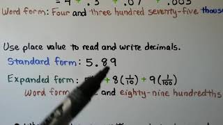 5th Grade Math 32 Place Value of Decimals ReadWrite Standard Expanded Word Forms [upl. by Yruy]