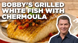 Bobby Flays Grilled White Fish with Chermoula  Bobby Flays Barbecue Addiction  Food Network [upl. by Nahaj524]