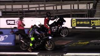 Harley Road Glide With Trask Performance Turbo vs Kawasaki Ninja ZX6R 14 Mile Drag Races [upl. by Bar939]