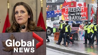 Trucker protests Freeland says Canadas Emergencies Act begins cracking down on convoy funds  FULL [upl. by Camala]