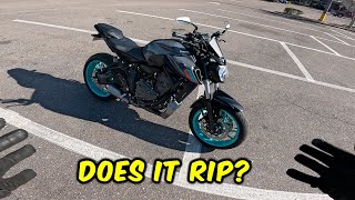 2023 Yamaha MT07 Test Ride And Stunts [upl. by Aisatan667]