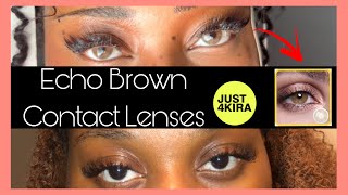 AFFORDABLE CONTACTS ON dark brown eyes Echo Brown Just4Kira review [upl. by Yrehcaz286]