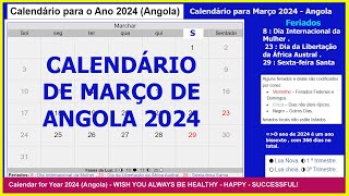 Calendário Angola Março 2024 Calendário angolano 2024Feriado em março de 2024 [upl. by Beeson]