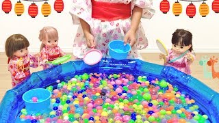 スーパーボールすくい 流れるプール メルちゃん ぽぽちゃん  Mellchan Doll and Bouncy Ball Scooping [upl. by Akzseinga]