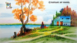 Scenery Drawing For Beginners with Color Pencils  Landscape Drawing [upl. by Nnyleuqaj]