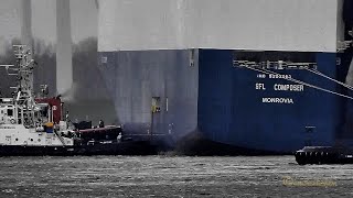 SturmOpfer Autofrachter SFL COMPOSER damaged by storm RoRo car carrier 5LFR2 IMO 9293583 Emden [upl. by Comstock]