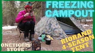 Freezing Overnight Campout  RioRand Topwind 4 Season Tent  OneTigris RoCuboid Stove and crumpets [upl. by Aetnuahs]