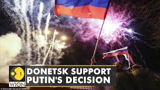 Donetsk residents celebrate recognition wave Russian flags  Latest World English News  WION [upl. by Derina]