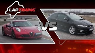 Laptiming Alfa Romeo 4C vs Honda Civic TypeR 2 eng sub [upl. by Yorick]