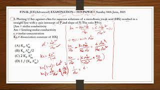 FINAL JEEAdvanced examination2023 PAPER1 Plotting 1Λm against cΛm for aqueous solutions of a [upl. by Farrell]