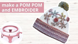 Sentro 48 knitting machine BEANIE Hat Pom Pom tutorial and knit embroidery for beginners [upl. by Inavoj575]