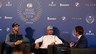 Hamilton amp Ricciardo react to Rosberg retirement discuss 2016 season [upl. by Ashelman]