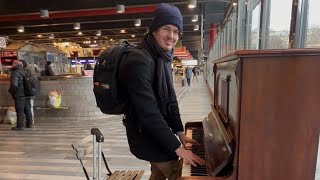 Film music theme from Aschenbrödel Cinderella on public piano in Prague Central Station [upl. by Ahsuatal]