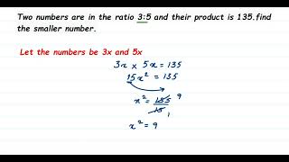 Two numbers are in the ratio 35 and their product is 135 find the smaller number [upl. by Nauqas232]