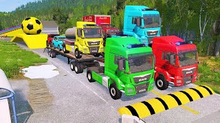 Flatbed Trailer Truck Potholes Transport Car Portal Trap Rescue  Cars vs Speed Bumps  BeamNGdrive [upl. by Anileda80]