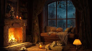 Rainy Night in Cozy Reading Nook 🌧️ Soft Jazz Music 🌧️ Heavy Rain Fireplace Sounds for Sleeping 4K [upl. by Assirim]