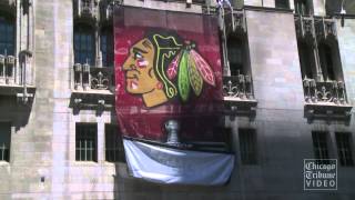 Blackhawks Stanley Cup banner revealed at Tribune Tower [upl. by Moina436]