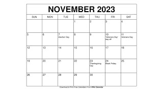 Printable November 2023 Calendar Templates With Holidays  Wiki Calendar [upl. by Alyl]