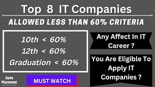 Top 8 IT Companies Allowed Less Than 60 Criteria for Freshers  10th 12th or graduation [upl. by Donnelly]