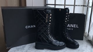 CHANEL Shiny Calfskin Quilted Chain Lace Up Combat Long Boots Black Review [upl. by Kissner]