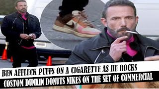 Ben Affleck Puffs On A Cigarette As He Rocks Costom Dunkin Donuts Nikes On The Set Of Commercial For [upl. by Yro12]