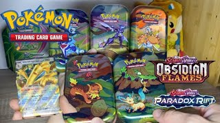 HOLO HUNTING  Opening SIX Paldea Mini tins Pokemon TCG obsidian flames paradox rift incl TCG codes [upl. by Ynnus]