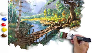 Acrylic Painting Nature Scenes  Wooden Bridge in the River  Timelapse  JMLisondra [upl. by Mackenie]